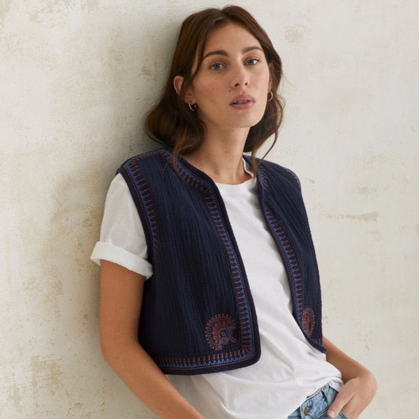 YERSE Cotton Embroidery Vest In Navy