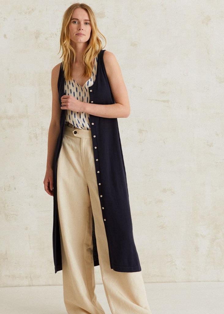 YERSE Long Cardigan with Buttons In Navy