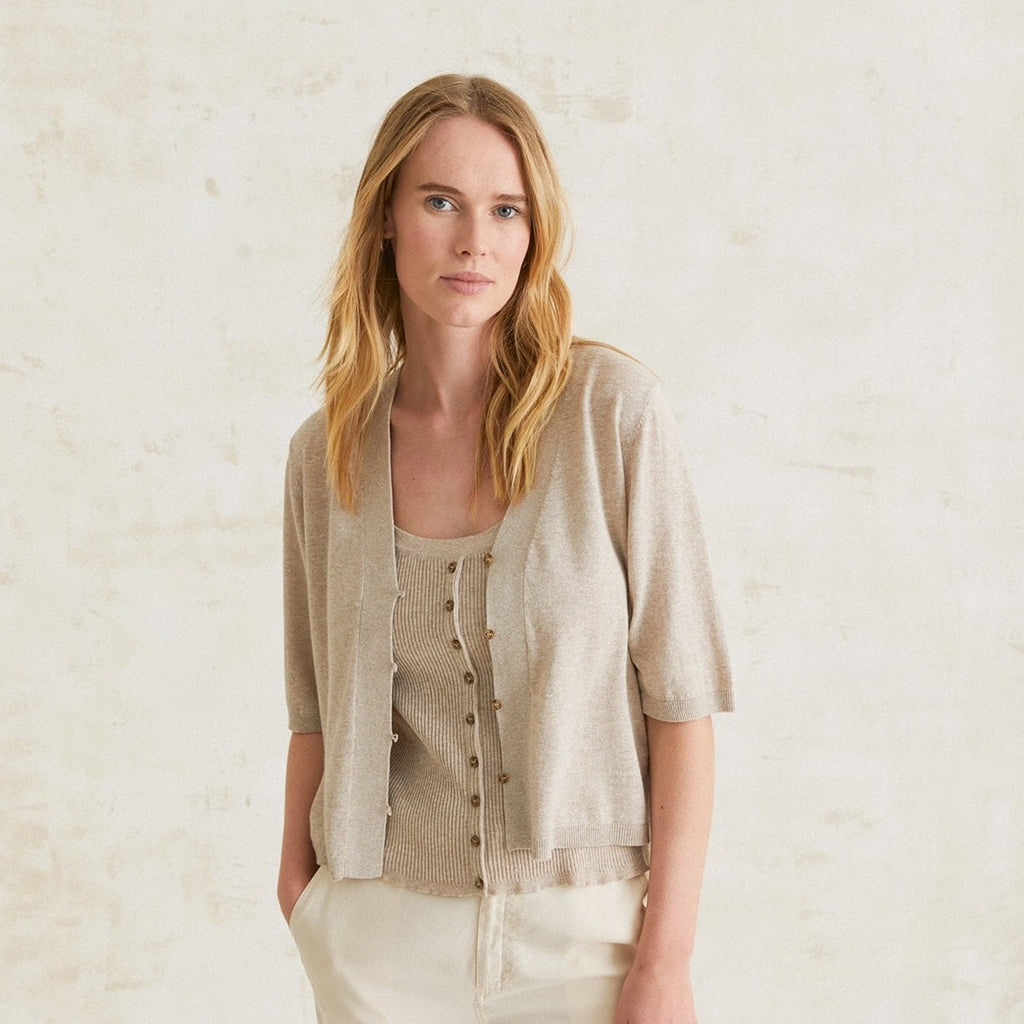 YERSE Ribbed Top With Buttons in Beige