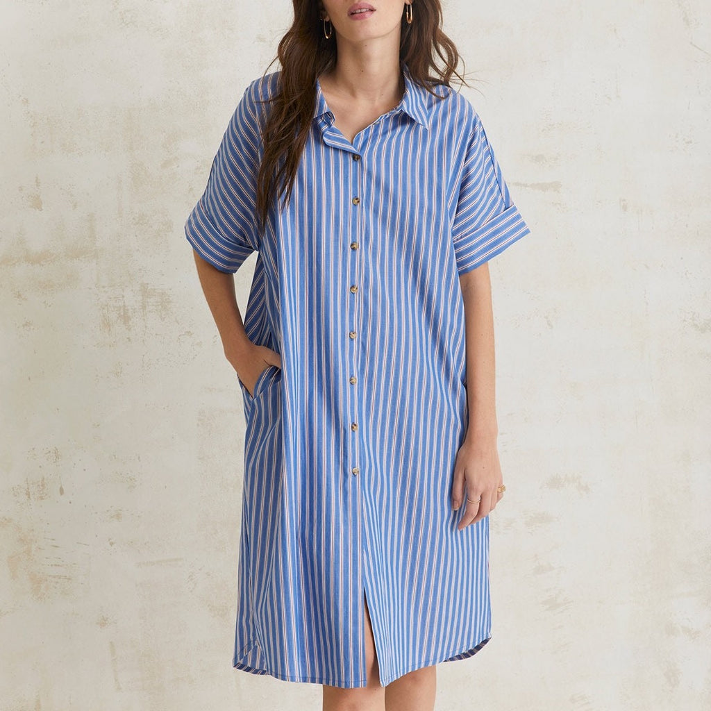 YERSE Cotton Shirt Dress Blue Stripes