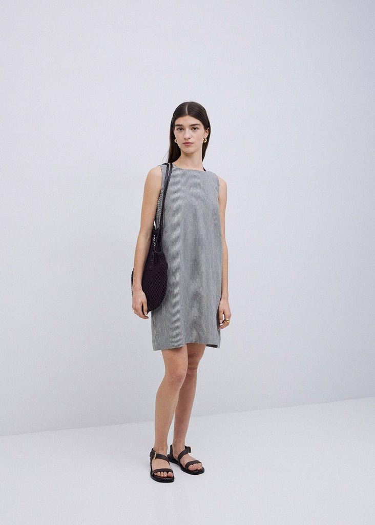 Blue-Grey Short Striped Dress Made of Linen and Cotton