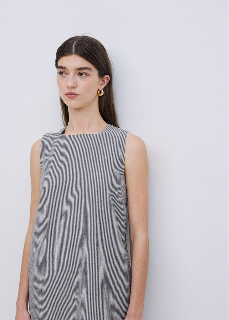 Blue-Grey Short Striped Dress Made of Linen and Cotton