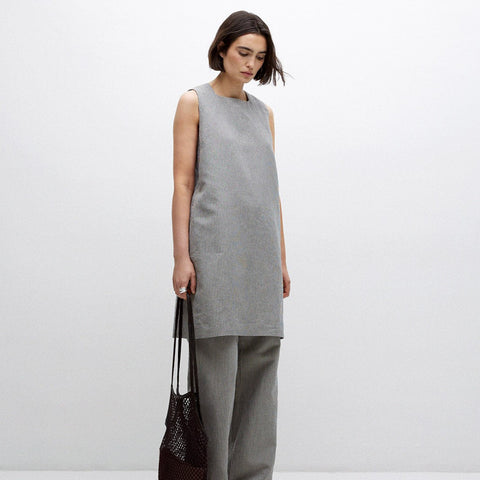 Blue-grey short striped dress made of linen and cotton
