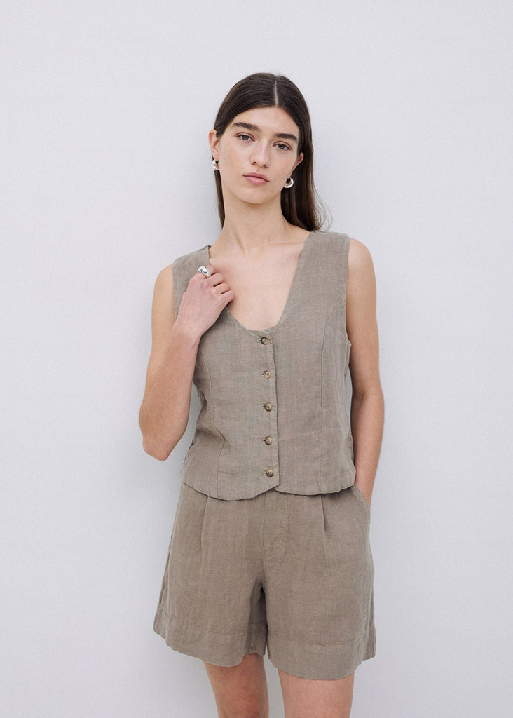 Khaki 100% Linen Vest