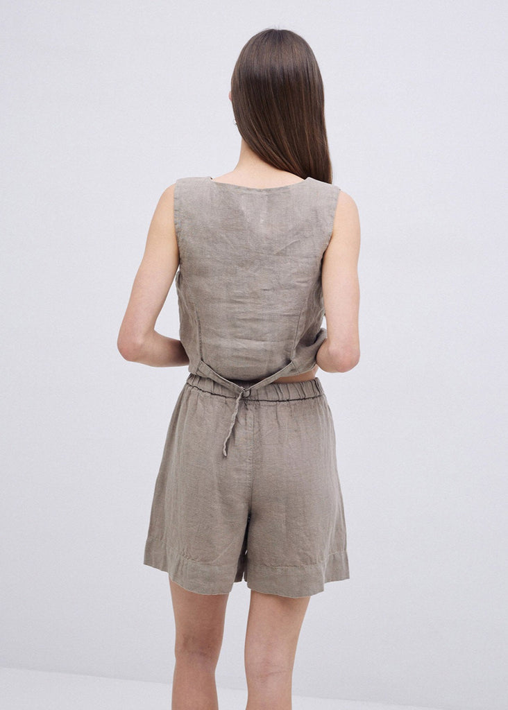 Khaki 100% Linen Shorts