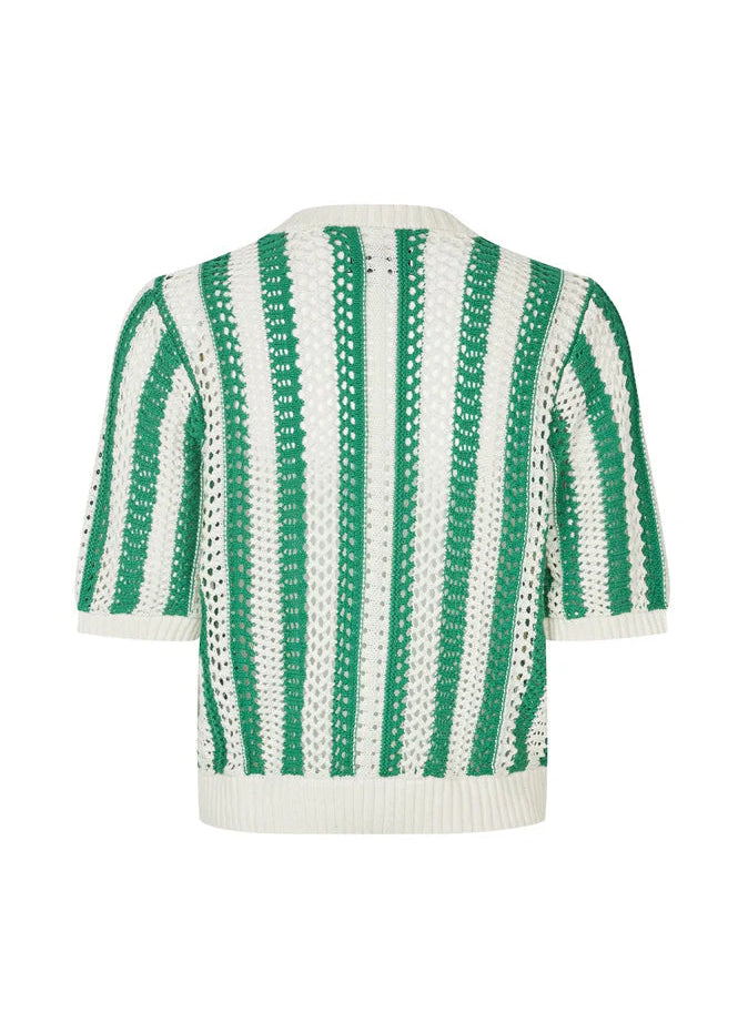 Green and white striped knitted cardigan on a white background