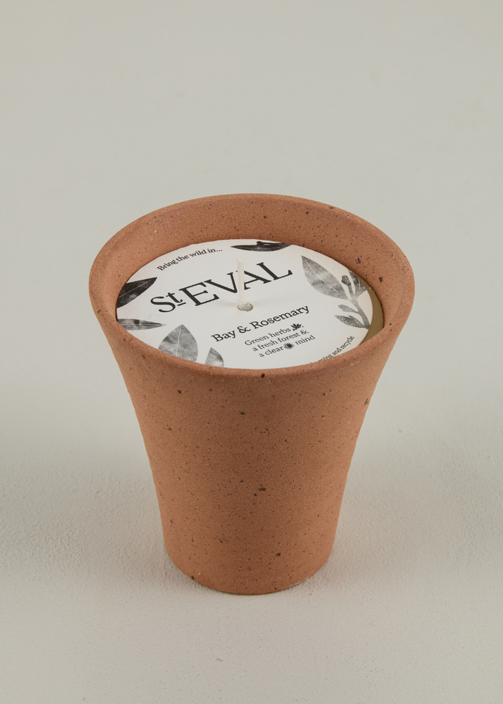 Terracotta pot with a label on a light gray background