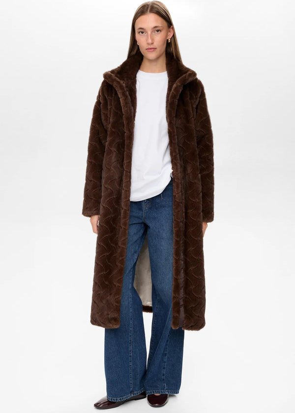 Numph Nuzitta Faux Fur Coat In Black Coffee