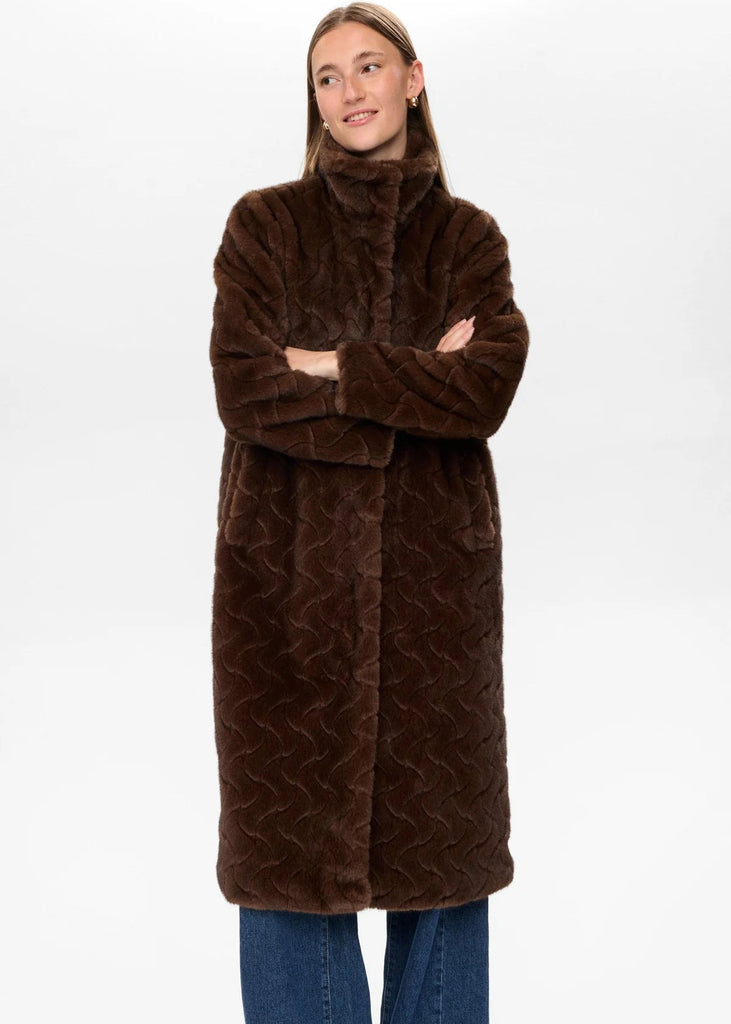 Numph Nuzitta Faux Fur Coat In Black Coffee