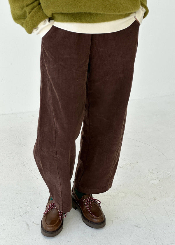Person wearing brown corduroy pants and brown shoes on a white background