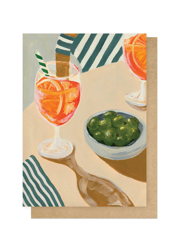 Illustration of a cocktail with a straw, a bowl of olives, and a striped napkin on a table.