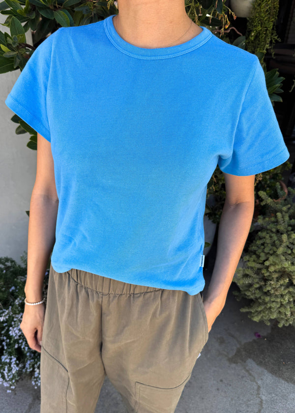 A person wearing a bright blue short-sleeve crewneck t-shirt and khaki pants, standing outdoors in front of green plants.