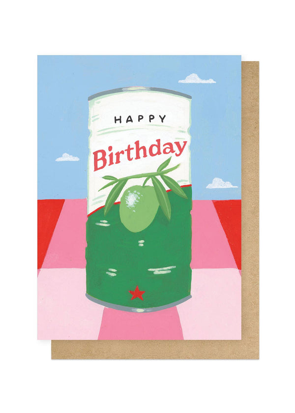 Birthday card with a can of green beans design on a blue and pink background