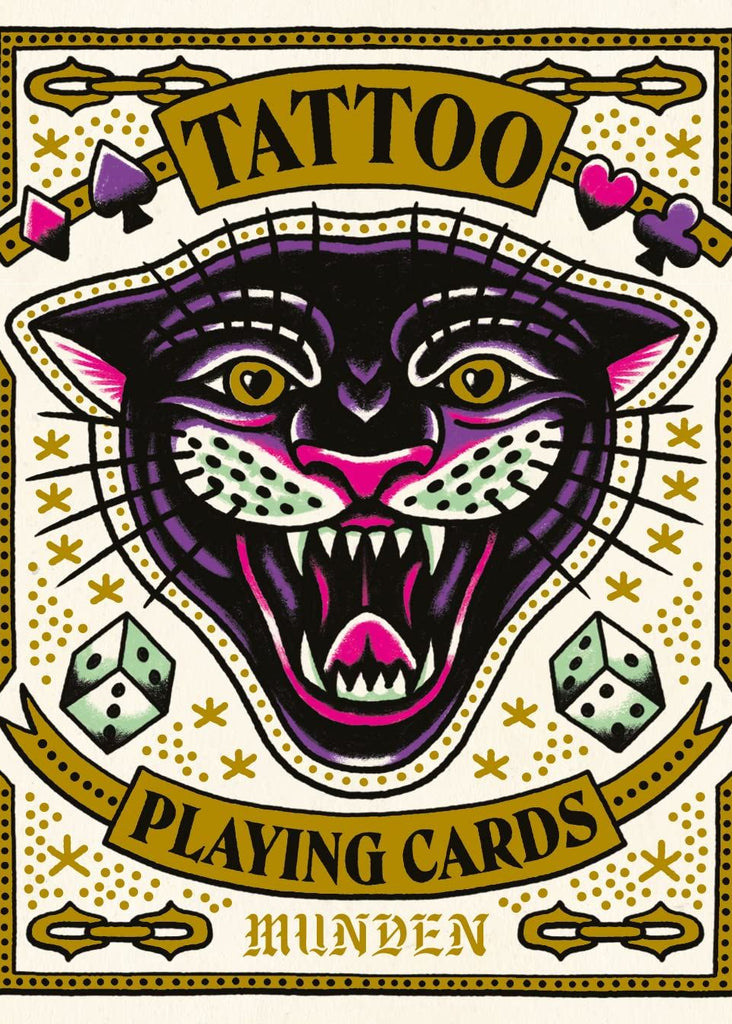 Playing card design with a panther illustration and text 'Tattoo Playing Cards Munden' on a beige background.