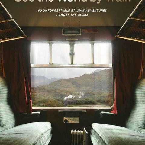 Train interior with scenic view through window, promotional text above.