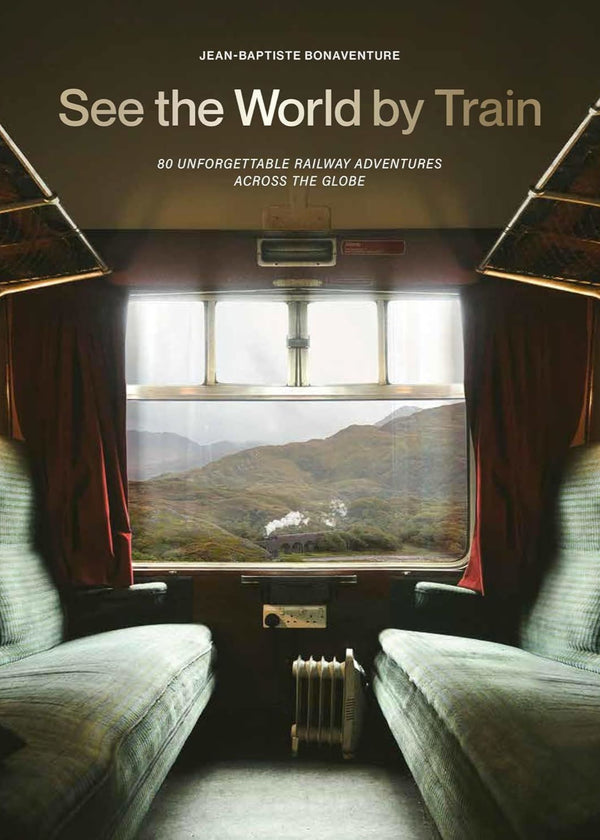 Train interior with scenic view through window, promotional text above.