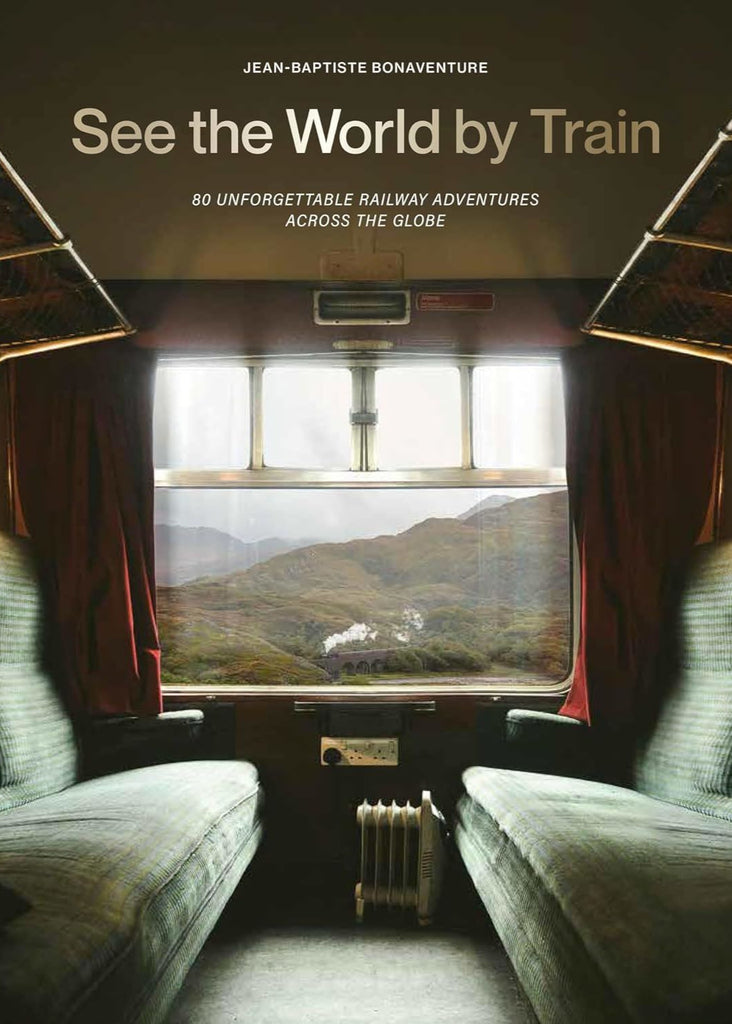 Train interior with scenic view through window, promotional text above.