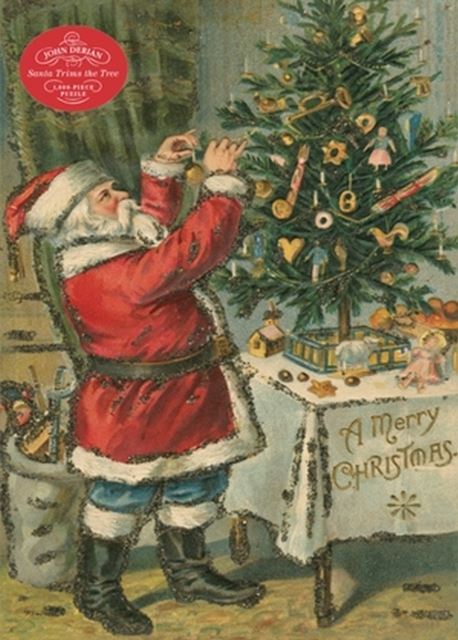 Vintage-style illustration of Santa Claus decorating a Christmas tree with ornaments.