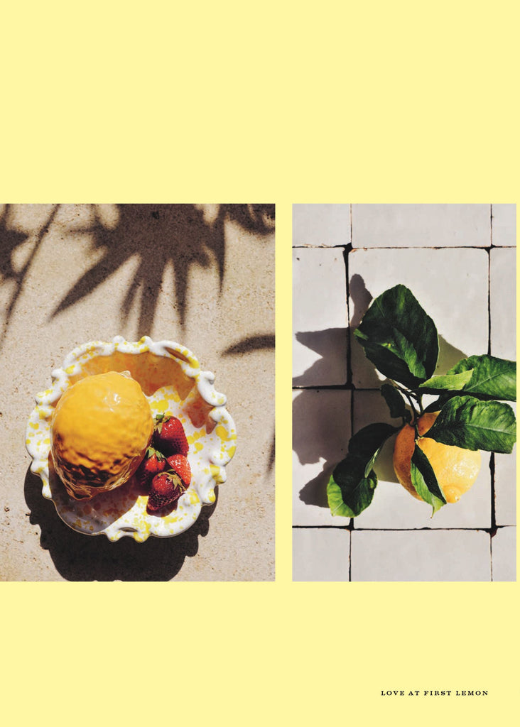 Book page with text and images of a cake and a lemon on a yellow background