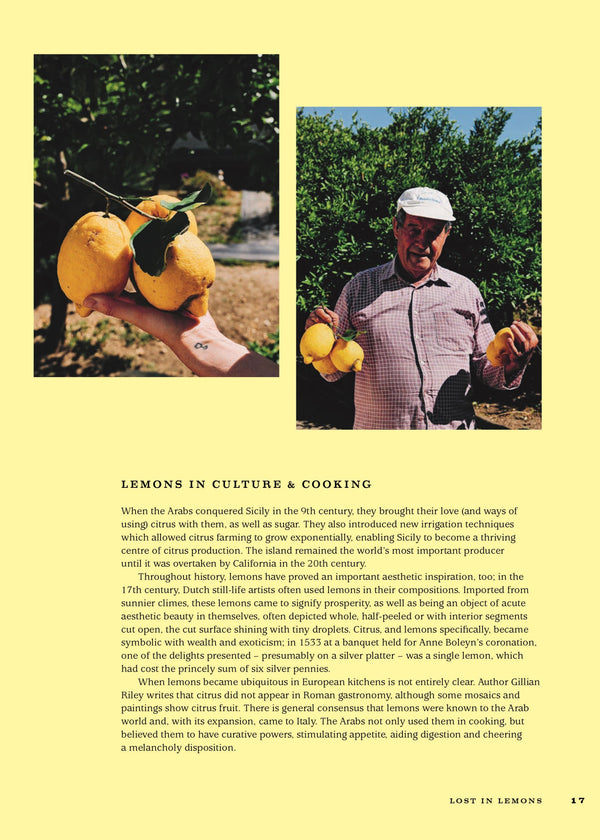 Book page with images of lemons on a tree and a person holding lemons, with text about lemon culture and cooking.