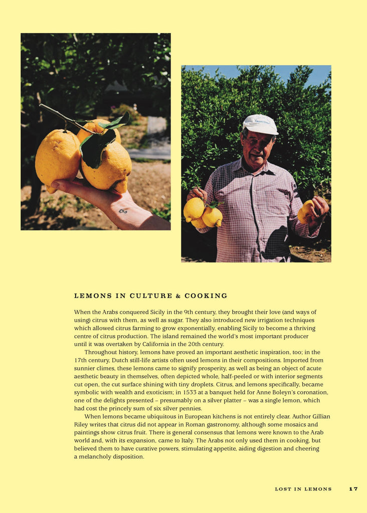 Book page with images of lemons on a tree and a person holding lemons, with text about lemon culture and cooking.