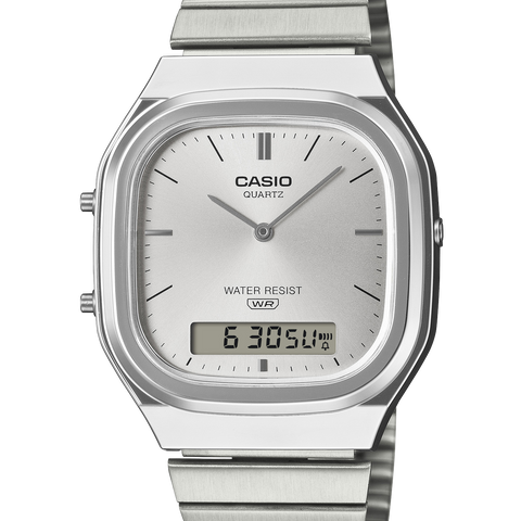 Silver Casio watch with digital display on a white background
