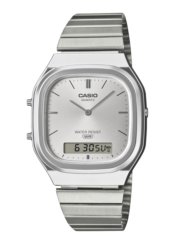 Silver Casio watch with digital display on a white background