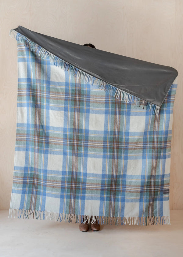 Recycled Wool Picnic Blanket Stewart Muted Blue Tartan