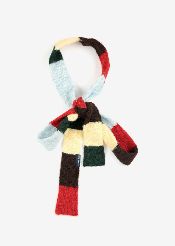 A multicolor striped knit scarf with a loop at the top and tied in the center, featuring blocks of light blue, dark brown, red, cream, and dark green on a light gray background.