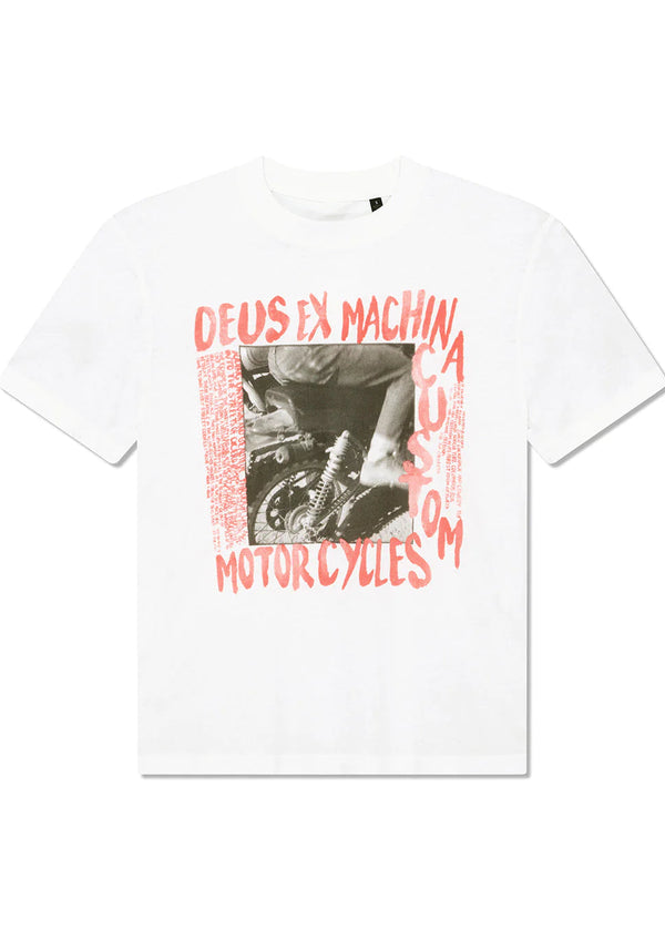 White t-shirt with red text and motorcycle graphic on a white background