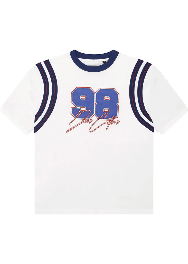 White t-shirt with blue and red design on a white background