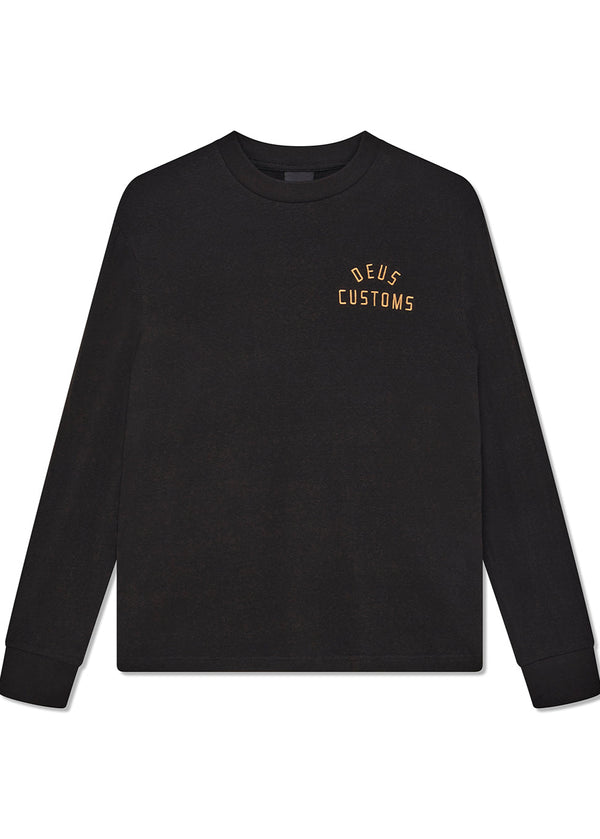 Black long-sleeve shirt with 'DEUS CUSTOMS' text on a white background
