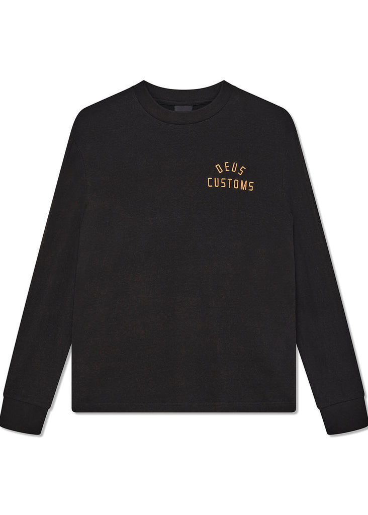 Black long-sleeve shirt with 'DEUS CUSTOMS' text on a white background