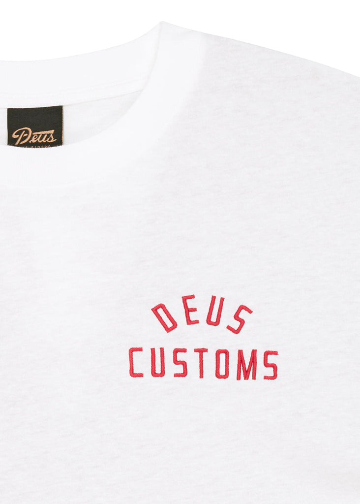 White t-shirt with 'Deus Customs' logo and Detus brand label.