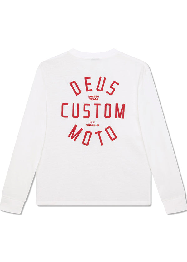 White long-sleeve shirt with red 'Deus Custom Moto' text on a white background
