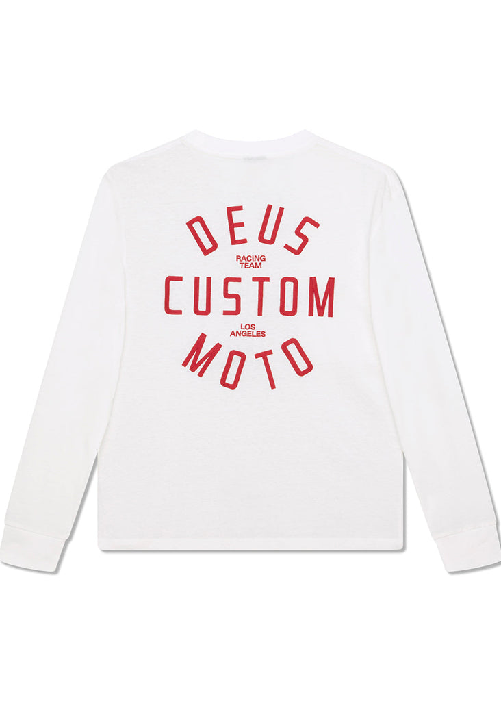 White long-sleeve shirt with red 'Deus Custom Moto' text on a white background