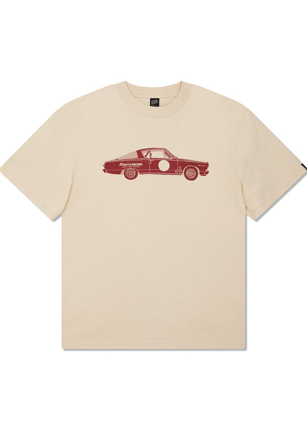 Beige t-shirt with a red car graphic on a white background