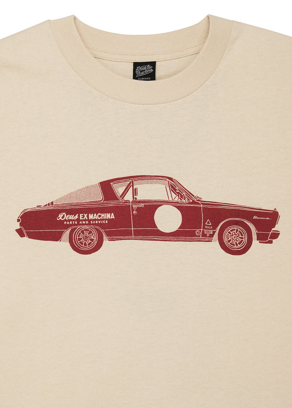 Beige t-shirt with a red car graphic and text on a white background