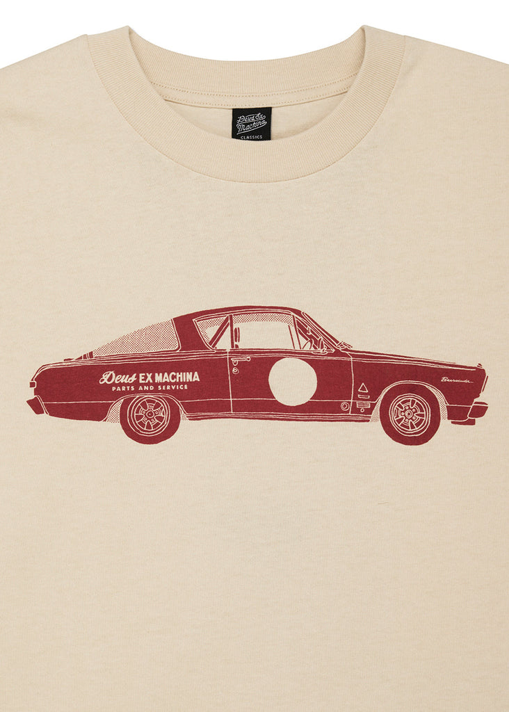 Beige t-shirt with a red car graphic and text on a white background