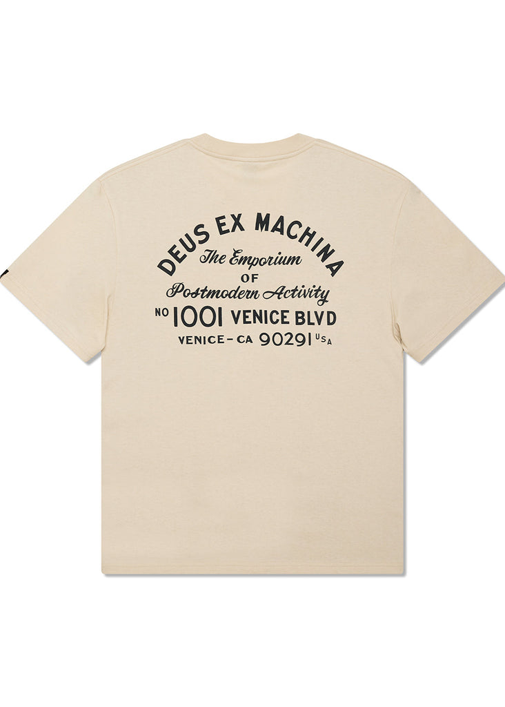 Beige t-shirt with black text on a white background