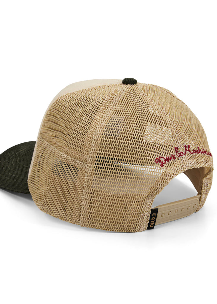 Beige mesh cap with black brim and red logo on a white background