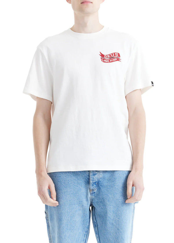 Person wearing a white t-shirt with a red logo on a white background