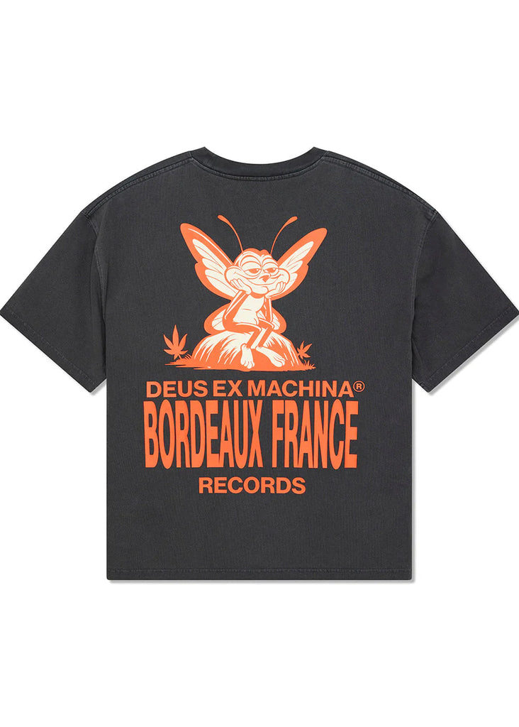 Black t-shirt with orange graphic and text on a white background