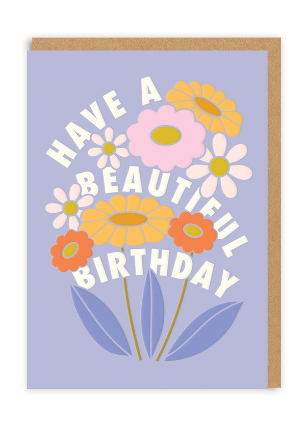 Greeting card with colorful flowers and 'Have a Beautiful Birthday' text on a light purple background