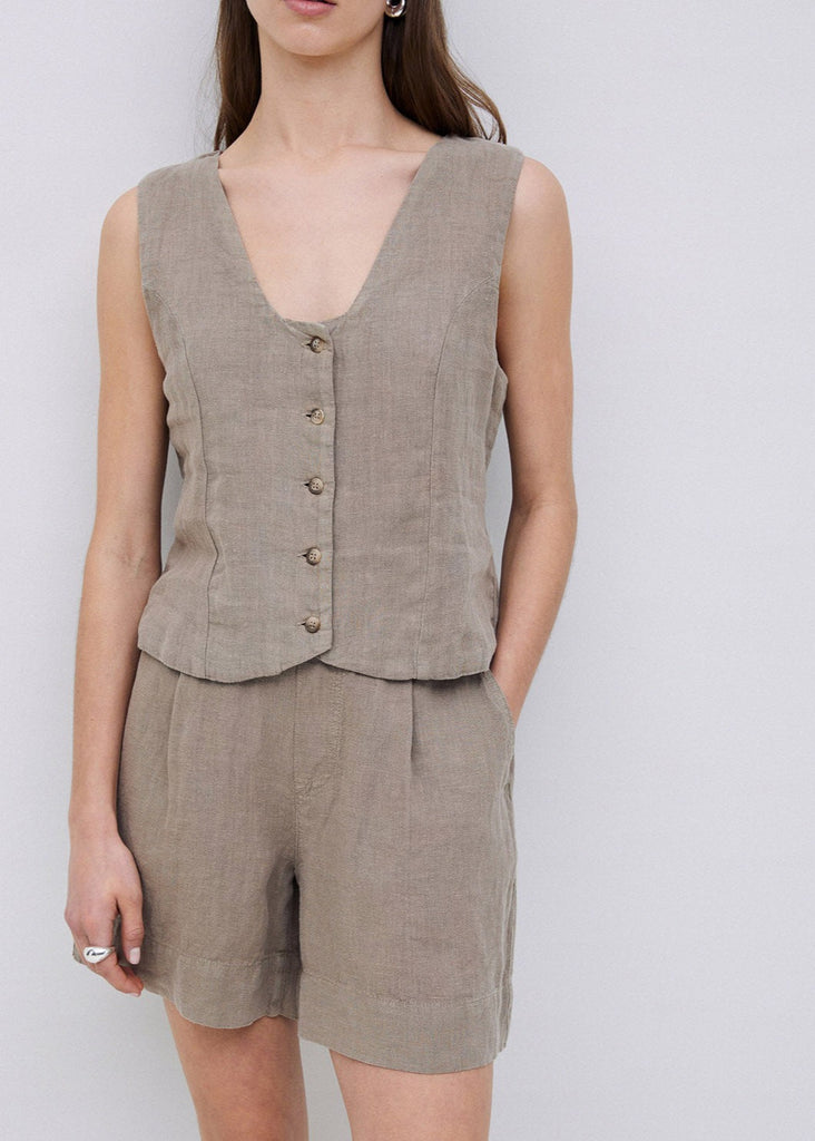 Khaki 100% Linen Shorts