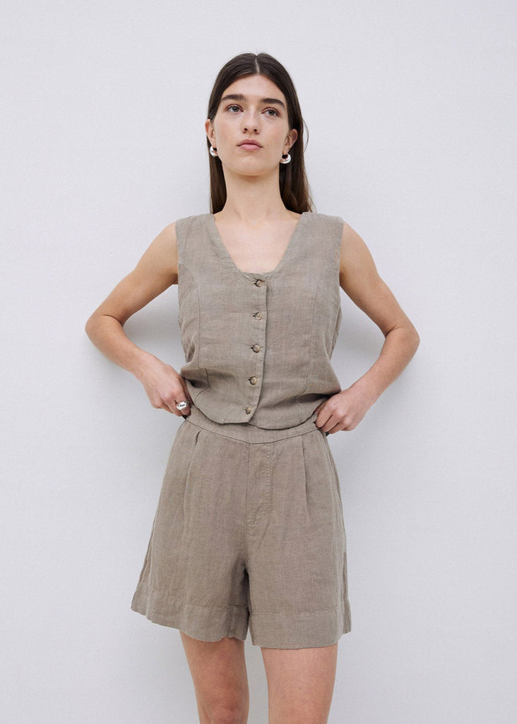 Khaki 100% Linen Shorts