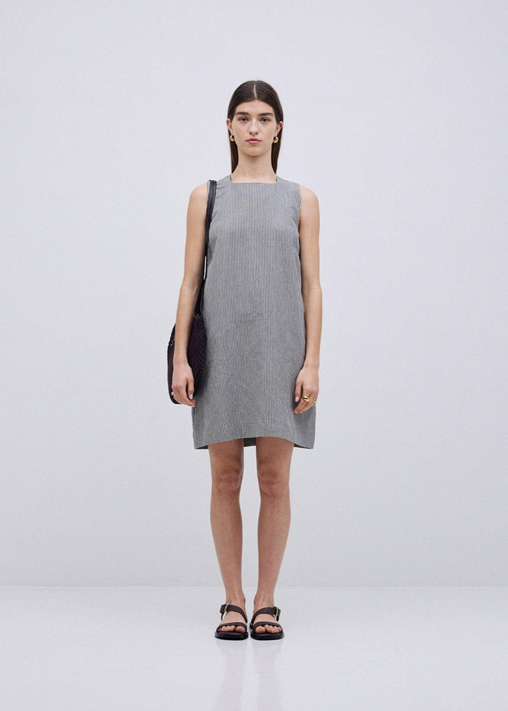 Blue-Grey Short Striped Dress Made of Linen and Cotton