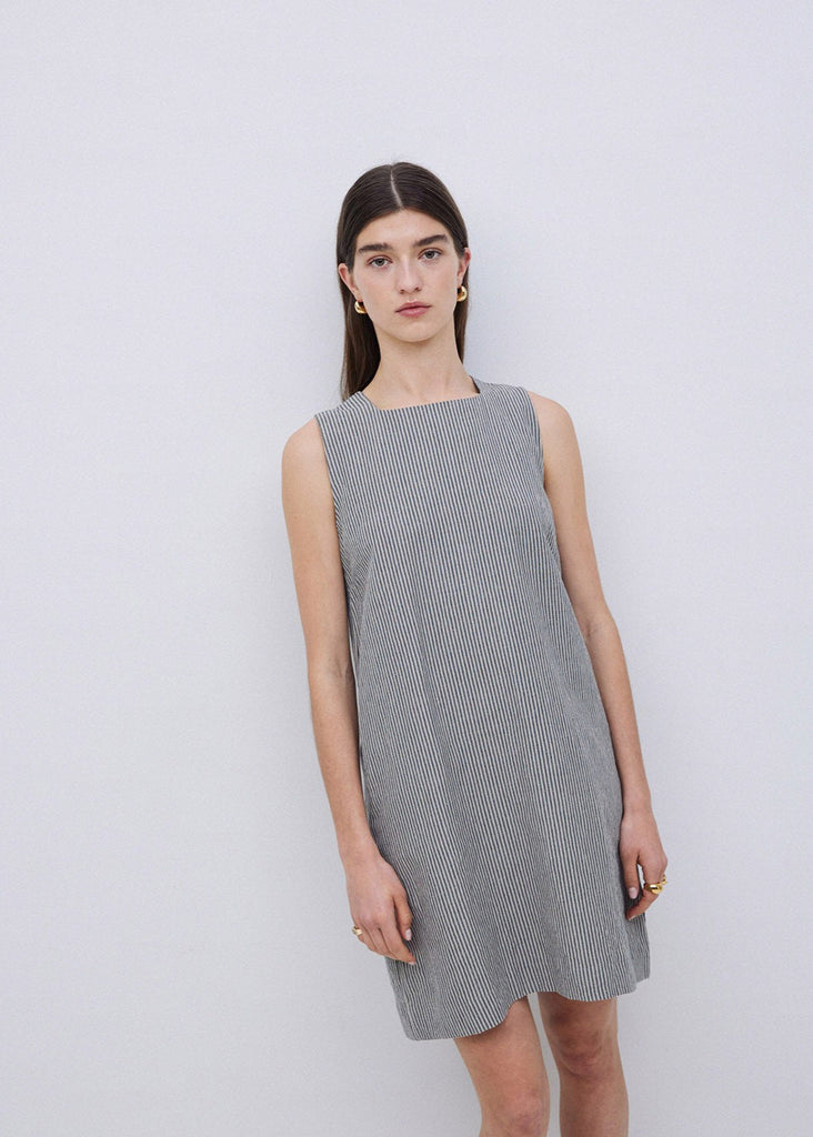 Blue-Grey Short Striped Dress Made of Linen and Cotton