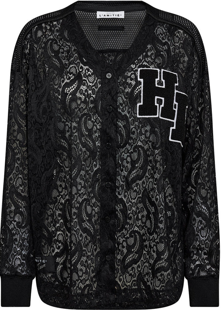 Black lace bomber jacket with 'H' logo on a white background