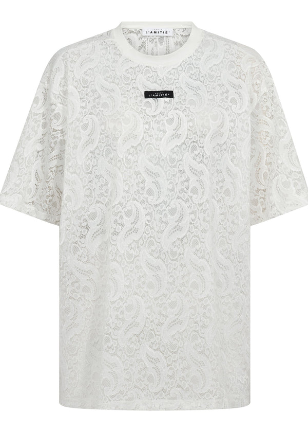 White lace t-shirt with a brand logo on a white background